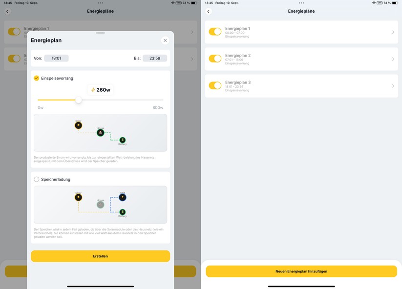 Solakon-App: Einspeiseleistung nach Energieplan