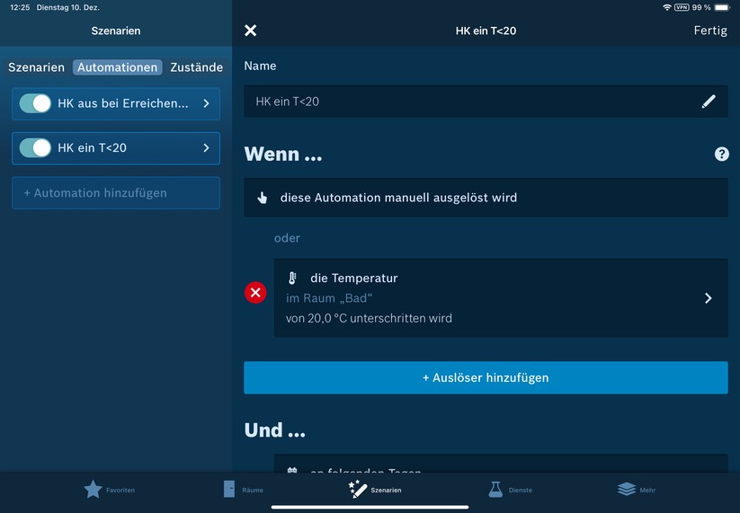 Die Bosch-App bietet außerdem Automatisierungen, mit denen man etwa das Thermostat ausschalten kann, sobald eine bestimmte Temperatur erreicht wurde.