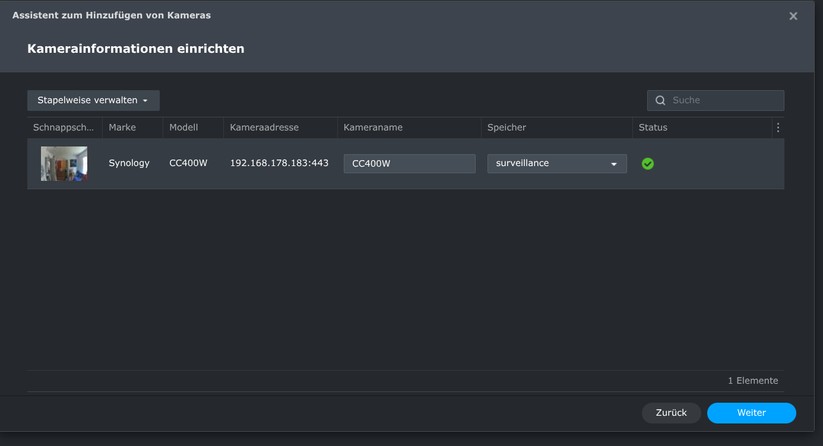 Die CC400W bietet auch einen Zugriff per Browser. Dort kann man sie auch auf Onvif umstellen, um sie etwa mit Hoem Assistant zu steuern. Allerdings steht sie in diesem Fall nicht mehr unter Synology Surveillance Station zur Verfügung, respektive die Einbindung per Onvif führt dort zu Verbindungsabbrüchen. 