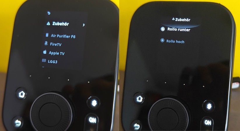Für die Fernsteuerung von Geräten stehen physische und virtuelle Tasten sowie ein Drehrad, das man zur Lautstärke- oder Temperatureinstellung, zur Navigation in alle Richtungen und zur Aktivierung von Optionen verwenden kann.