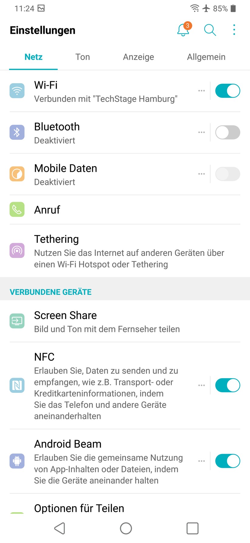 Register „Netz“ in den Einstellungen
