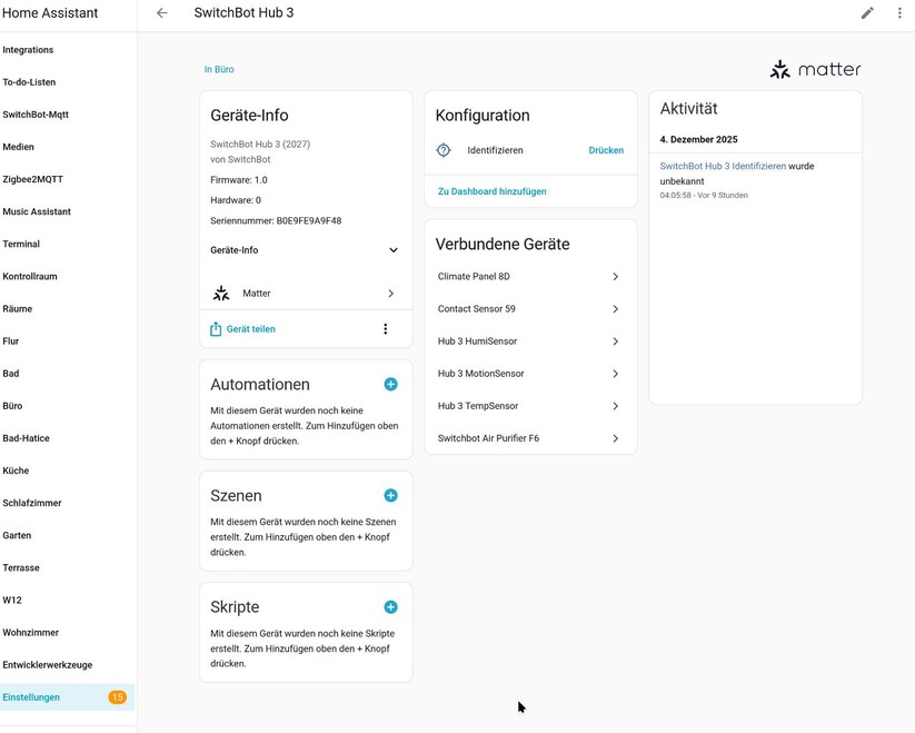 Wer Switchbot-Geräte in Home Assistant integrieren möchte, verwendet statt Matter besser die Bluetooth-Integration, weil damit mehr Gerätefunktionen zur Verfügung stehen.
