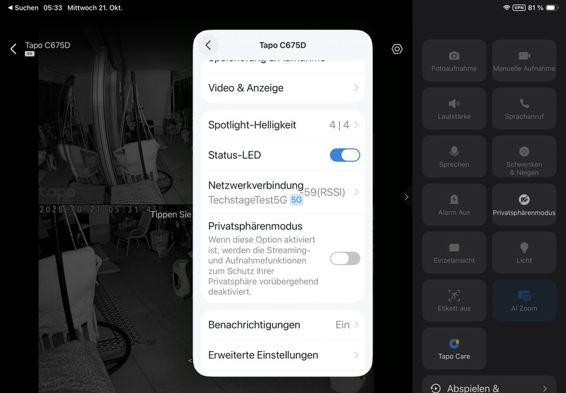 Die Tapo-App ist auch für Tablets optimiert. Sie reagiert zügig und stellt den Kamerastream nahezu verzögerungsfrei dar.