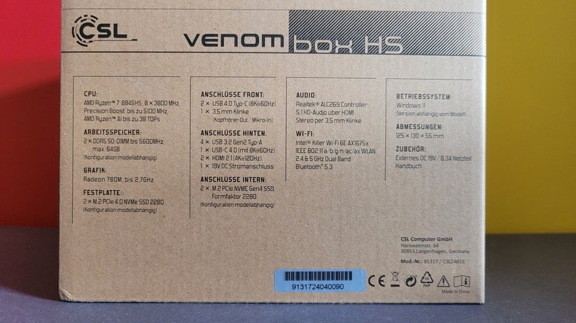 CSL Venom Box: Leiser Mini-PC mit Ryzen 7 8845HS mit bis zu 96 GByte RAM und 8 TB SSD