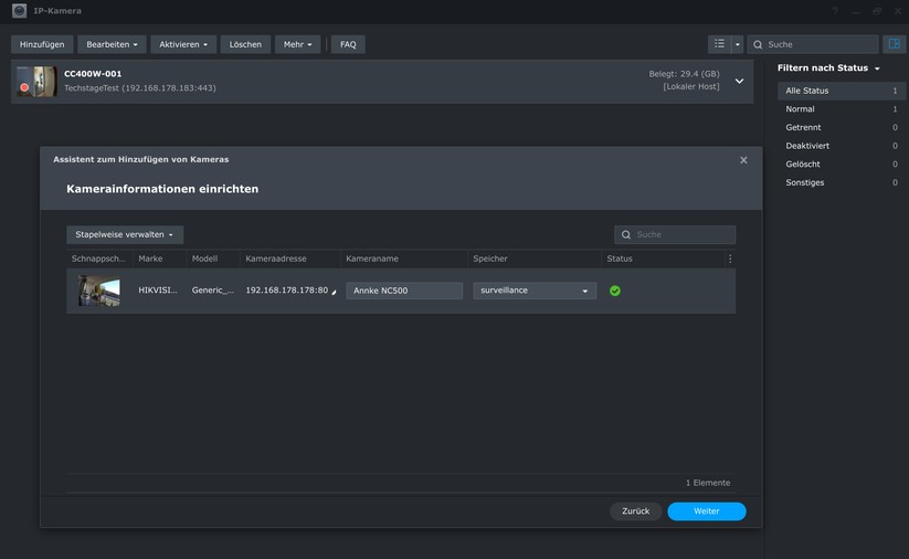 Annke NC500: Inbetriebnahme der PoE-Überwachungskamera mit Synology Surveillance Station mit Hikvision-Profil.