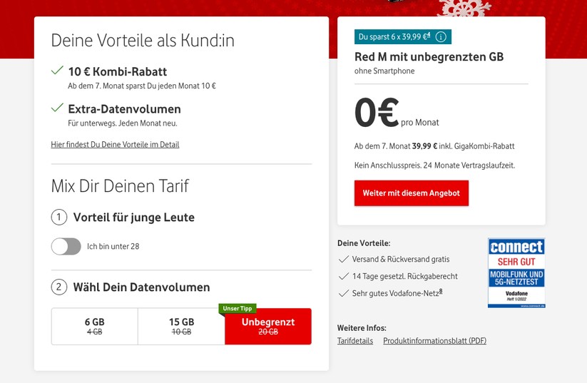 Wer bei Vodafone bereits Heiminternet hat, zahlt für unlimitiertes mobiles Internet monatlich 40 Euro.