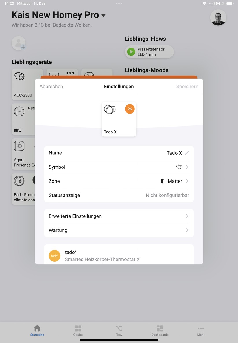  Dank Matter kann man das Heizkörperthermostat auch mit Homey Pro steuern.