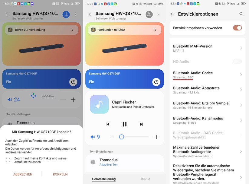 Für eine Bluetooth-Verbindung verwendet Samsung bei der HW-QS700F wie auch beim Flaggschiff-Modell die schlechteste aller Möglichkeiten: den SBC-Codec.