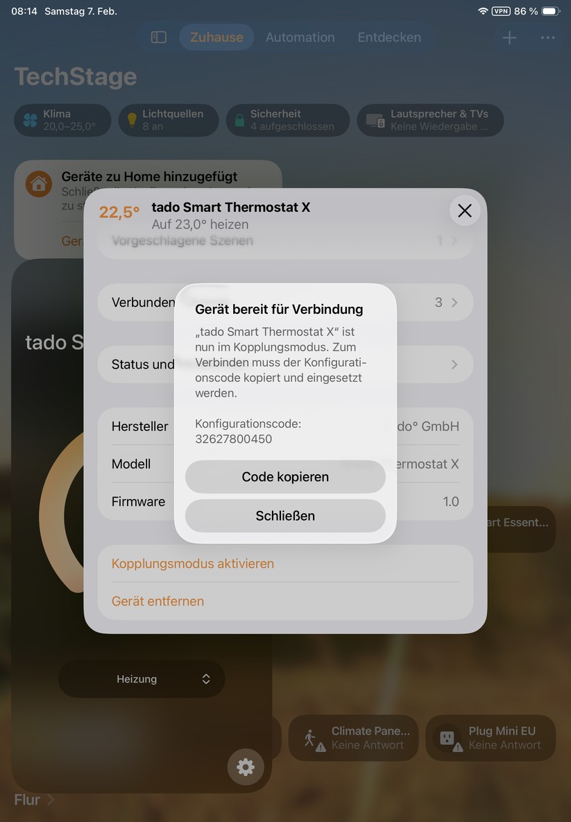 Tado X; Einbindung in Apple Home über Matter