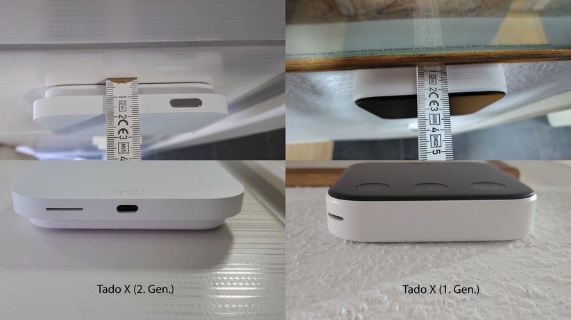 Im direkten Vergleich zur ersten Generation fällt das neue Thermostat deutlich schlanker aus. Die Halterung misst 9,3 × 9,3 cm bei nur 0,8 cm Tiefe, während die aufgesetzte Display-Einheit 10,9 × 10,9 cm groß ist und 1 cm tief aufbaut. Die Diagonale beträgt 13,6 cm – ein deutlicher Zuwachs gegenüber den 9,7 × 9,7 cm der ersten Generation. Da die Halterung kleiner ist als das Display, entsteht der Eindruck, das Thermostat würde vor der Wand schweben.