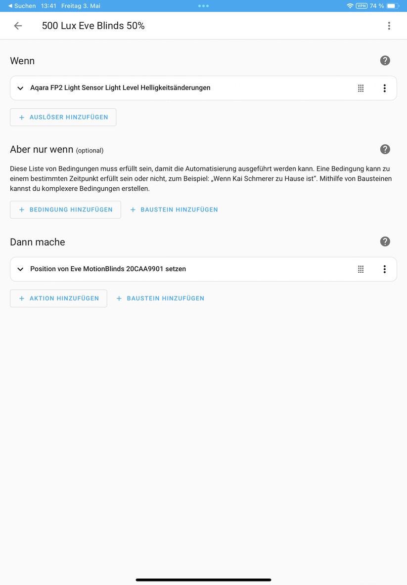 Eve Blinds Collection: Über Apple Home verbinden wir per Matter das Rollo auch mit Home Assistant. Damit lassen sich smarte Automatisierungen, etwa auf Basis eines Helligkeitssensors erstellen.