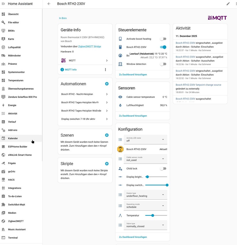 Bosch Raumthermostat II: Für die direkte Integration in Home Assistant ohne Bosch-Hub muss man beim Anlernen den Zigbee-Code hinzufügen. Erst damit erscheinen sämtliche Entitäten des Geräts unter Home Assistant.