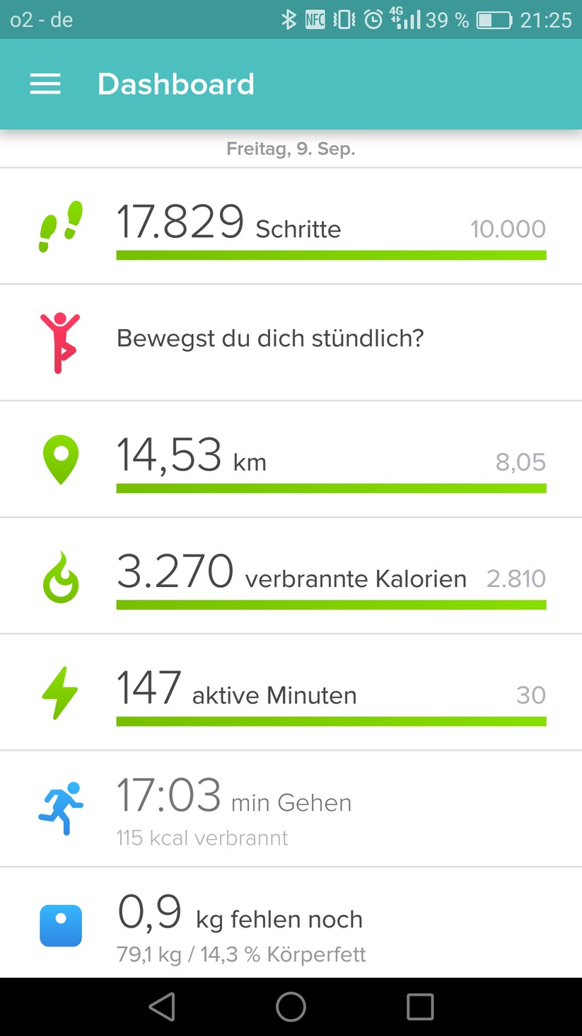 Die Fitbit-App ist übersichtlich gestaltet. Hier ist noch die alte Android-Version zu sehen, die bald ein Update erfährt.