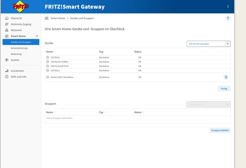Fritz Smart Gateway: Die Aeotec-Steckdose wird zwar erkannt. Doch die Verbrauchswerte werden nicht erfasst.