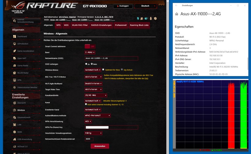 2,4 GHz: Speed-Werte zwischen der Synology DS1618+ NAS und dem 11ax-Dell-Tower via Asus AX11000 Router im 2,4 GHz-Band: Der rote Balken zeigt den Download, der Grüne den Upload (Bild: Harald Karcher).