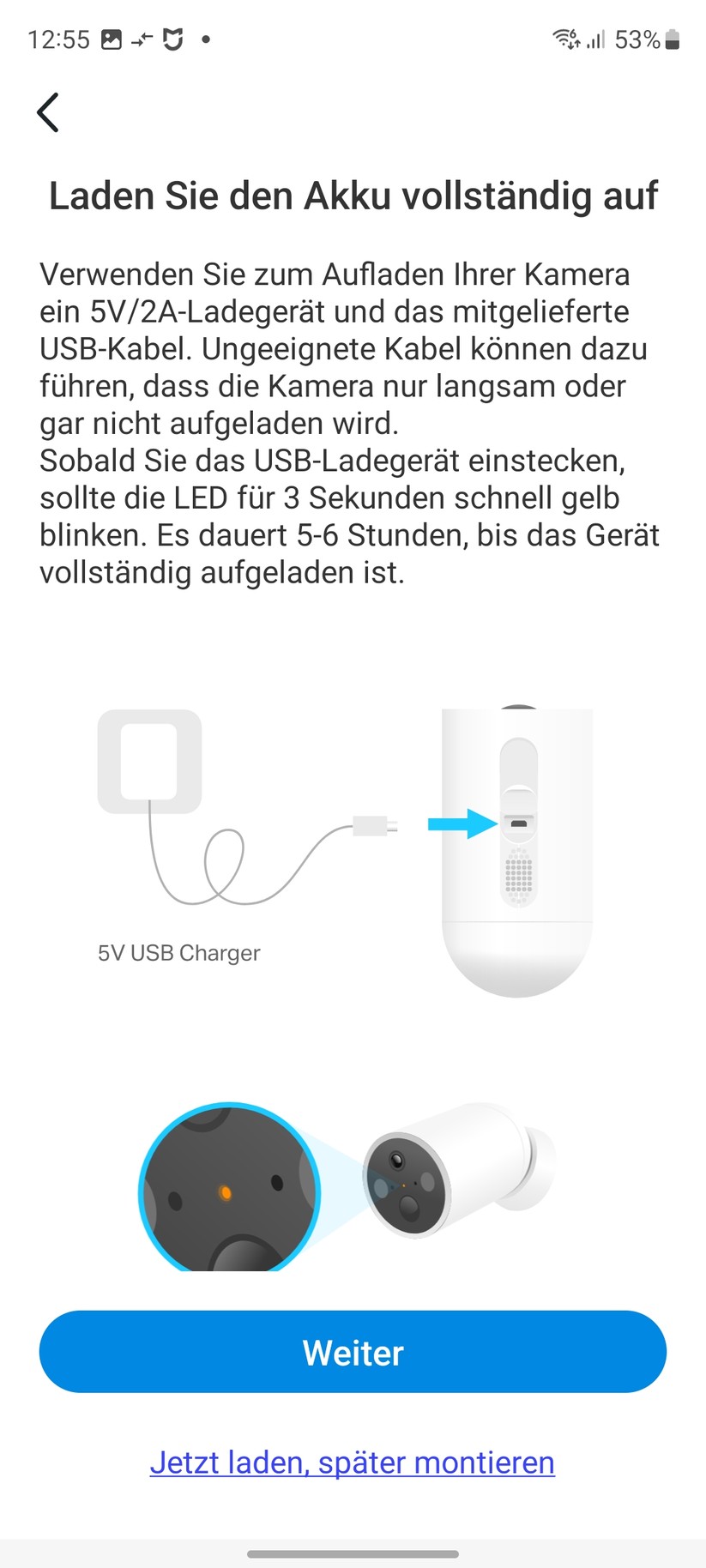 TP-Link C425: Das Set-up der Überwachungskamera erfolgt mit der Tapo-App, für die allerdings ein Konto erforderlich ist. Die App informiert dabei nicht nur die Funktionen der C425, sondern gibt auch Tipps zum Aufstellort.