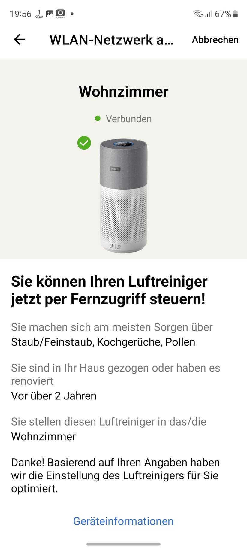 Philips AC3033/10: App, Einrichtung, Einstellungen