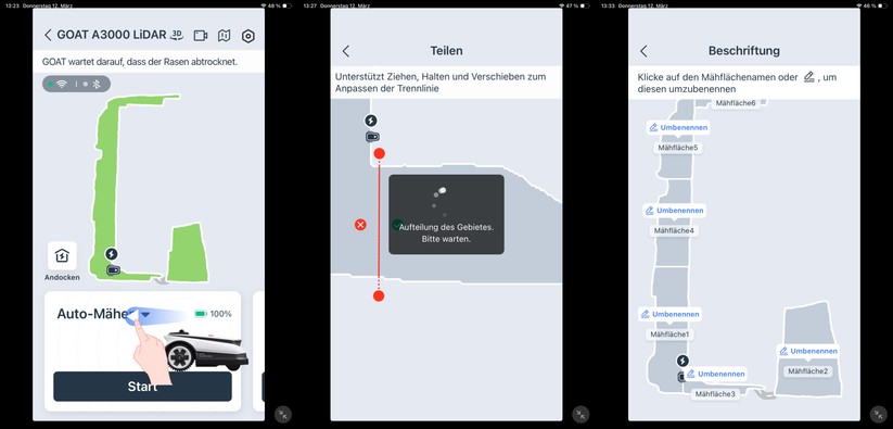 Ecovacs-App: Die Aufteilung in Zonen ist möglich und bei einem großen Garten mit unterschiedlichen Flächen auch sinnvoll, da man je Zone die optimale Mährichtung einstellen kann.
