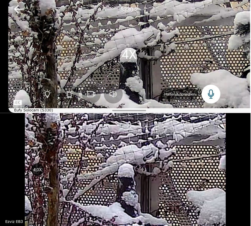 Ezviz EB 3 (unten) im Vergleich zur Eufycam 3 (oben):  Zoom-Stufe 4x