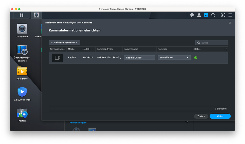 Die Reolink CX410 kann man auch mit Synology Surveillance Station betreiben. Allerdings steht ein passendes Profil noch nicht zur Auswahl. Die Integration gelingt aber auch mit einem anderen Profil. Dabei sollte man darauf achten, dass dieses in puncto Auflösung mit der CX410 übereinstimmt.