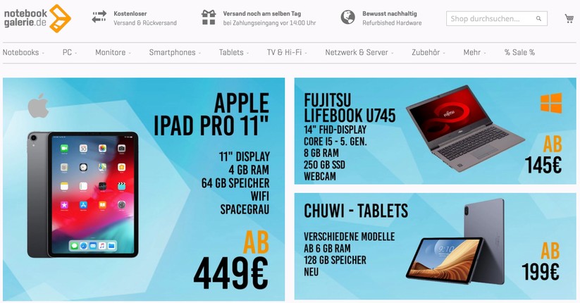 Notebookgalerie hat eine breite Auswahl, iPhones sucht man aber vergeblich.