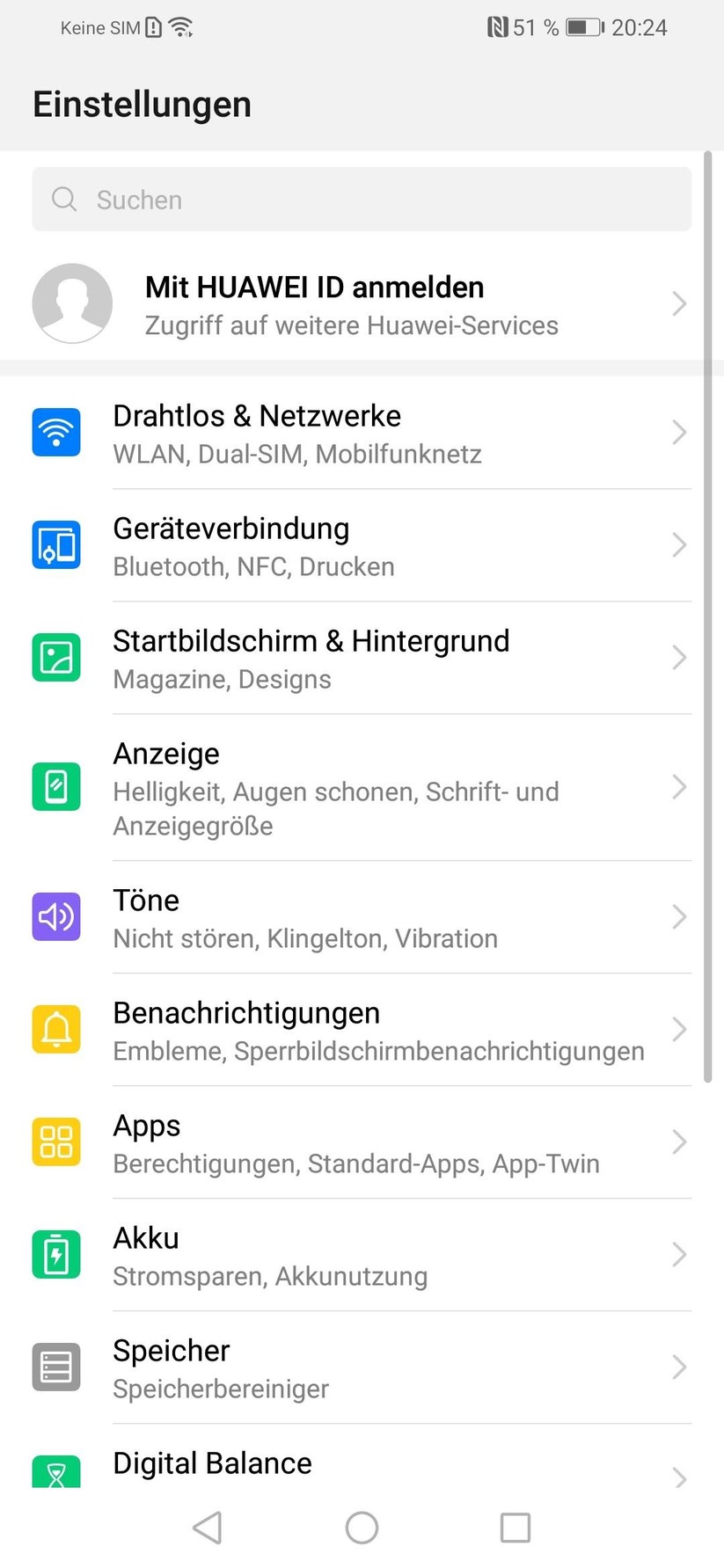 Einstellungen im Hauptmenü