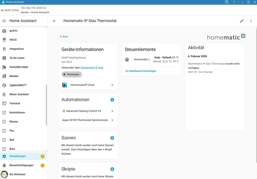 Eine Integration des Homematic IP Glas-Wandthermostats in Home Assistant ist möglich, bietet allerdings nicht sehr viele Funktionen, sodass manuelle Anpassungen nötig sind. Dank KI-Tools hält sich der Aufwand dafür allerdings in Grenzen.
