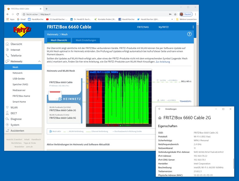 Upload vom 11ax--Tower über die AVM Fritzbox 6660 Cable auf den NAS-Speicher im 2,4 GHz-Band: Spitzen bis 377 MBit/s. Durchschnitt um die 330 MBit/s (Bild: Harald Karcher).