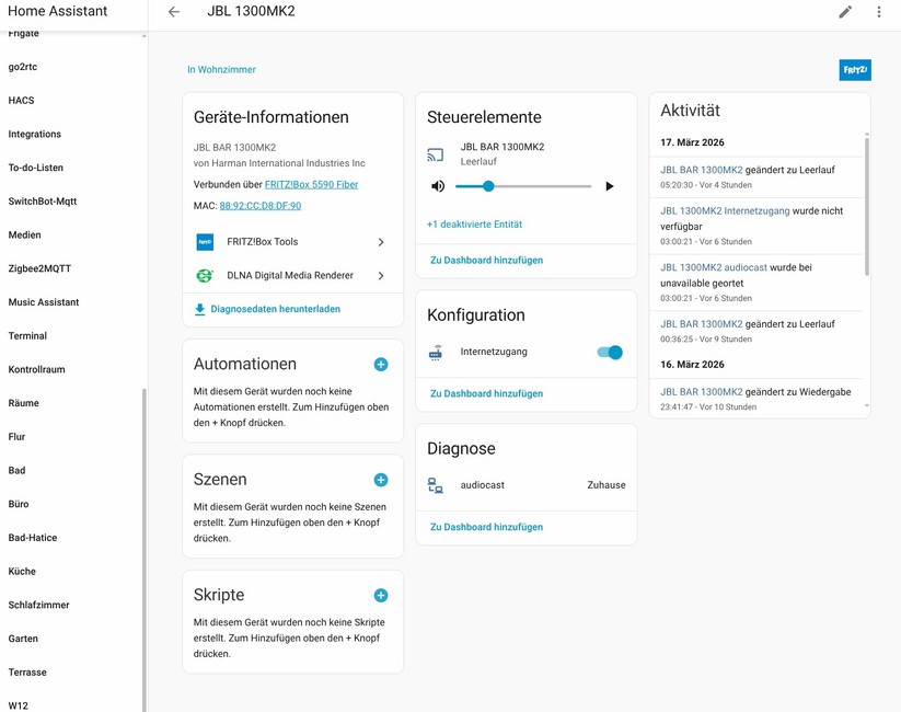 Die JBL Bar 1300MK2 lässt sich unter Home Assistant als Medienabspielgerät nutzen. Somit kann sie als Soundausgabe für die eigene Musiksammlung dienen.