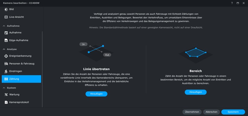 Durch das Einziehen von virtuellen Linien im Bild der Kamera kann die Synology Surveillance Station mithilfe der CC400W auch Personen und Fahrzeuge zählen.