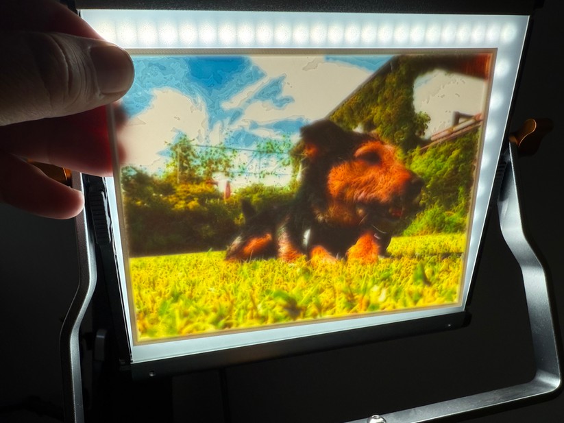 Wird das Lithophane von hinten beleuchtet, erscheint ein Farbfoto. Je dicker das Material, um so dunkler wird es, die Farben werden aus den CMYK-Punkten zusammengesetzt.