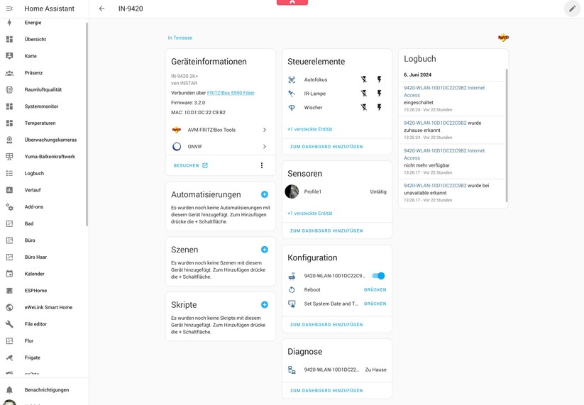 Instar IN-9420 2K+: Die Integration in Home Assistant erfolgt über Onvif, die aber nicht sämtliche Funktionen der Kamera unterstützt. Inzwischen funktioniert die Anbindung über MQTT aber ausgezeichnet, sodass unter Home Assistant sämtliche Entitäten der Kamera zur Verfügung stehen.
