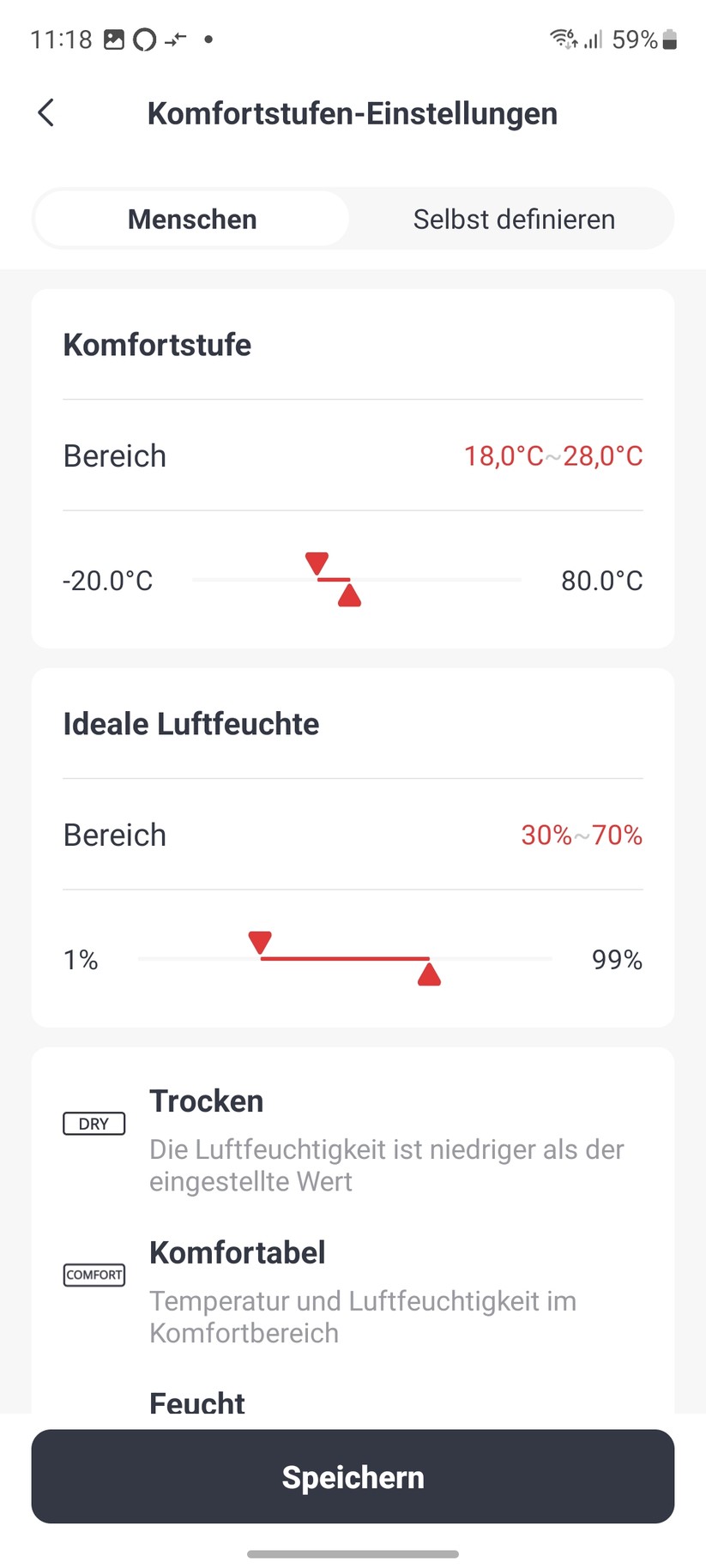 Switchbot Meter Pro CO₂: Die Switchbot-App erlaubt eine umfassende Konfiguration des Geräts. Man kann etwa Warnbedingungen zu jedem Sensor definieren.