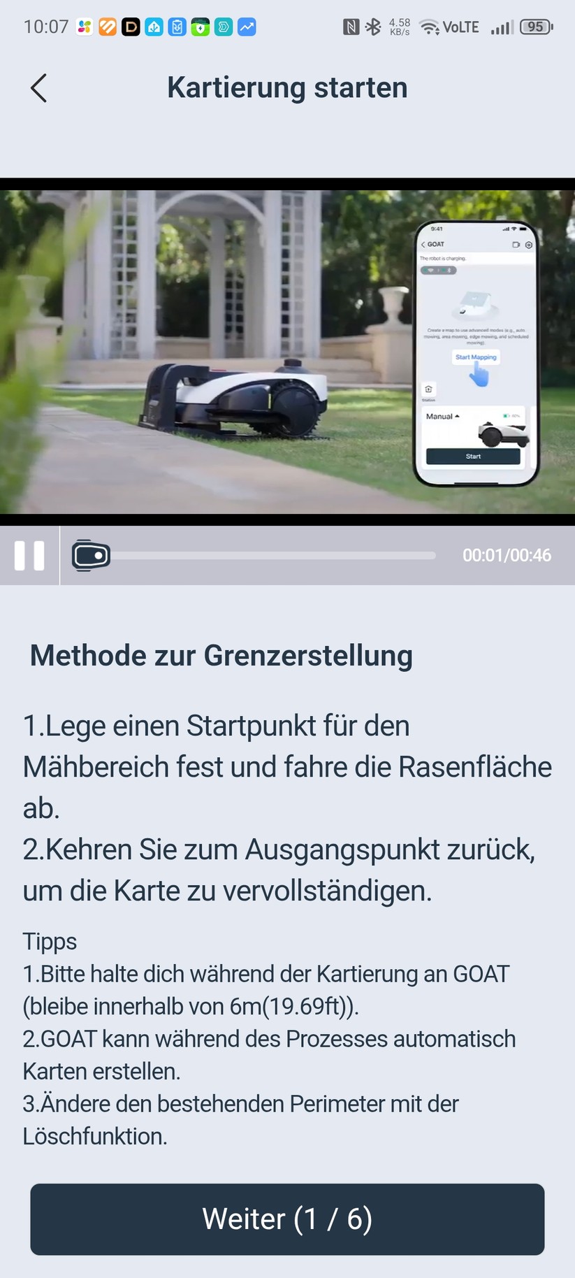 Die Ecovacs-App ist übersichtlich und einfach zu bedienen. Sie erlaubt die Einstellung wichtiger Mäh-Parameter und bietet viele Hilfestellungen, etwa für die Kartierung.