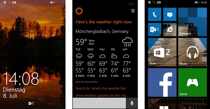 Von links nach rechts: Display-Sperre, Cortana und die neuen Live Tiles