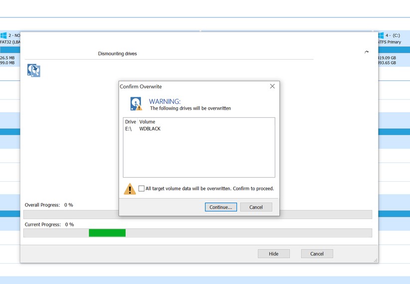 Nach diesem Klick gibt es kein Zurück und der Klon-Vorgang startet. 