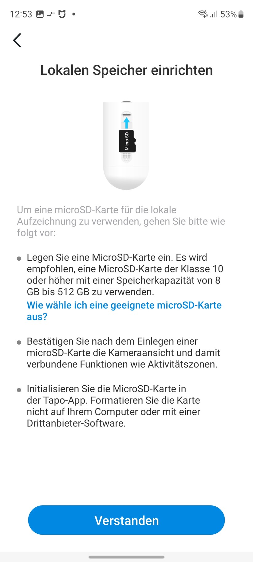 TP-Link C425: Das Set-up der Überwachungskamera erfolgt mit der Tapo-App, für die allerdings ein Konto erforderlich ist. Die App informiert dabei nicht nur die Funktionen der C425, sondern gibt auch Tipps zum Aufstellort.