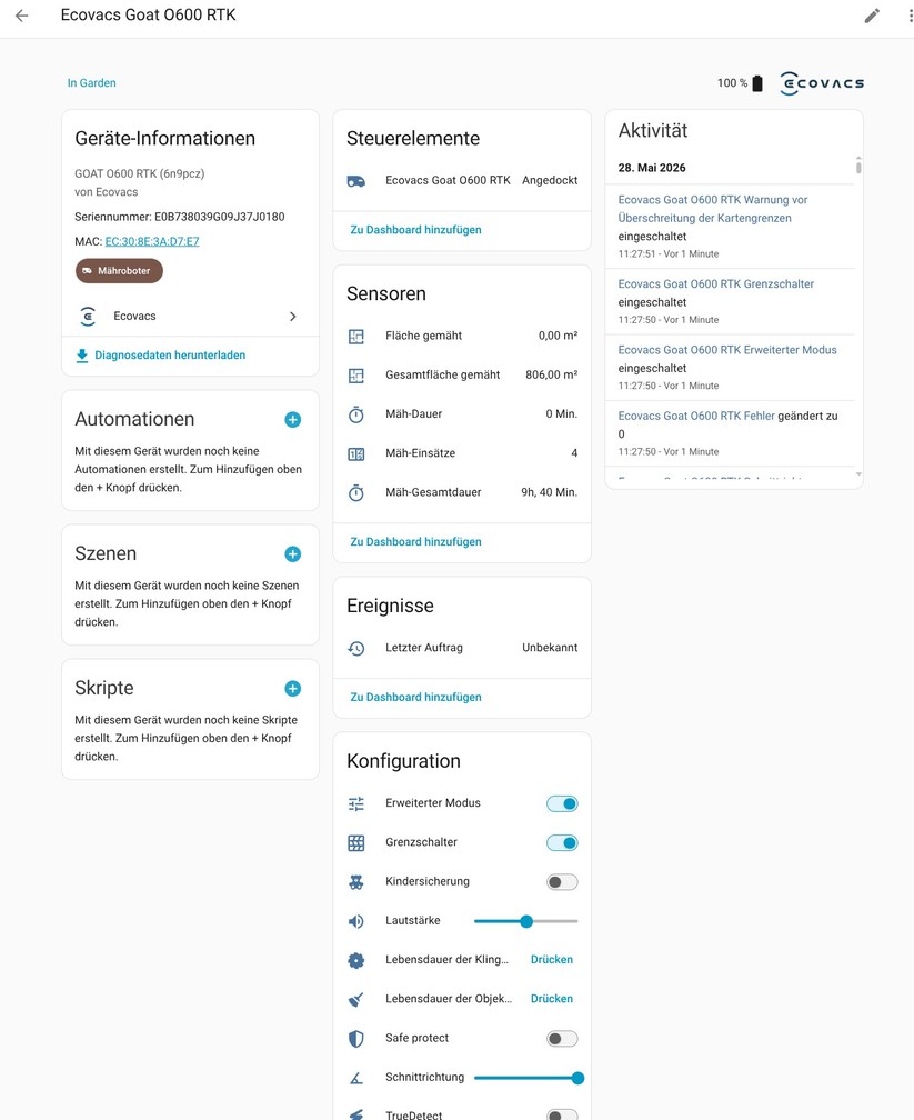 Für Ecovacs-Mähroboter gibt es eine Integration für Home Assistant. Sie ist an die Cloud des Herstellers gekoppelt und bietet Zugriff auf wichtige Betriebsparameter. Die Konfigurationsoptionen sind nicht so umfassend wie bei Integrationen für Mähroboter anderer Hersteller. 