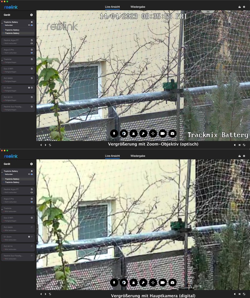 Reolink Trackmix Akku: Der optische Zoom der zweiten Linse bietet eine deutlich bessere Darstellung als die digitale Vergrößerung der Hauptkamera.