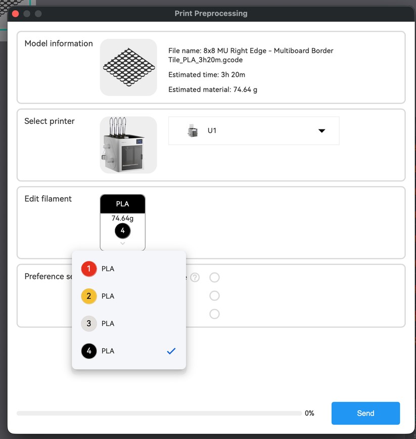 Wenn man aus dem Orca-basierten Snapmaker-Slicer die Druckdatei an den Drucker sendet, öffnet sich dieses Fenster, in dem man die Farben den Filamenten des U1 zuweist. 