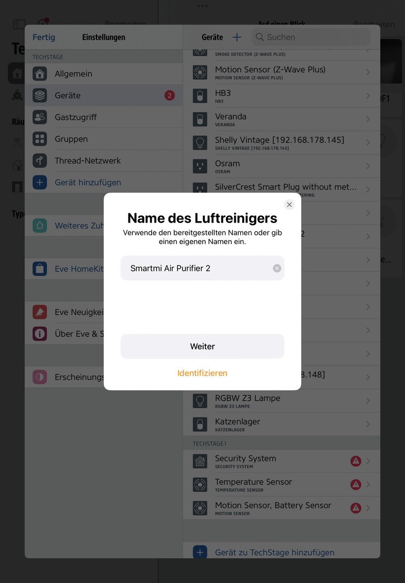 Der Smartmi Luftreiniger 2 lässt sich auch in Apple Homekit einbinden. Dort stehen allerdings nur die Betriebsmodi "Automatisch" und "Benutzerdefiniert" zur Verfügung. Nach einem Wechsel des WLAN-Routers während des Tests war der Smartmi unter Homekit anschließend nicht erreichbar und ließ sich trotz Reset nicht wieder hinzufügen. Die erneute Verbindung zu Homekit gelang aber über die App Eve des deutschen Homekit-Spezialisten Eve Systems GmbH. 