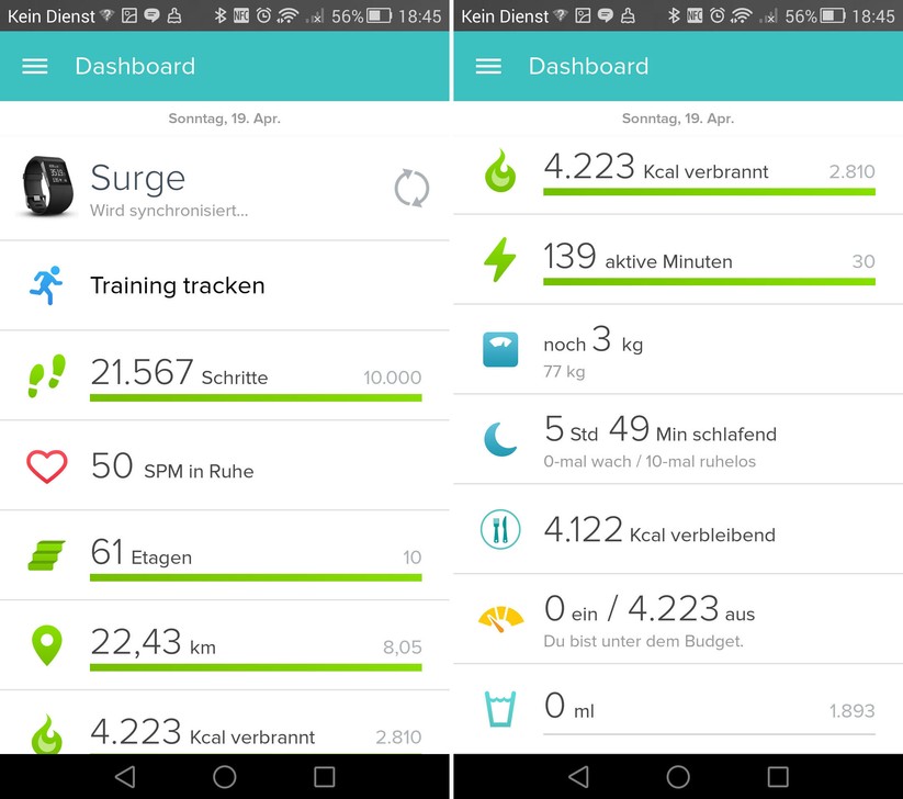 Wenn der Nutzer durch das Dashboard in der App scrollt, bekommt er die wichtigsten Körperdaten aus dem FitBit-Universum präsentiert.