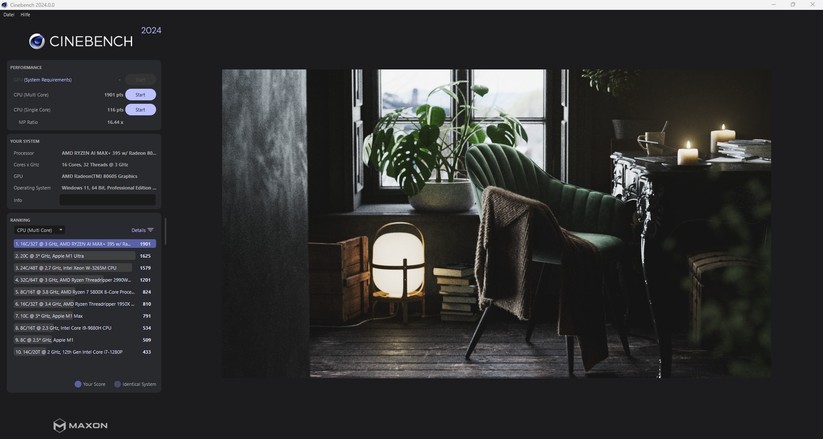 Im Cinebench 24 erzielt der MS-S1 Max im Multi Core mit 1901 Punkten einen Top-Wert.