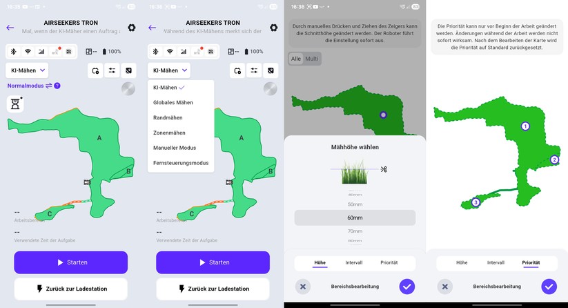 Die App bietet trotzdem die meisten wichtigen Grundfunktionen. Dazu gehören Kartenverwaltung, Zonen, Sperrbereiche, Verbindungspfade, Zeitpläne, Randmähen, Zonenmähen und globales Mähen. 
