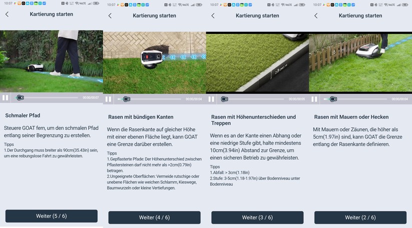 Die Ecovacs-App ist übersichtlich und einfach zu bedienen. Sie erlaubt die Einstellung wichtiger Mäh-Parameter und bietet viele Hilfestellungen, etwa für die Kartierung.