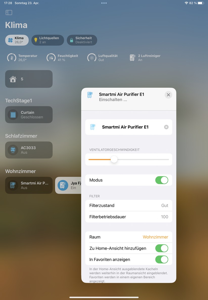 Smartmi Luftreiniger E1: App, Homekit, Automatisierungen, Leistungsaufnahme