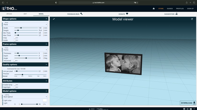 Wir wählen die Standardvorlage Plane. Ein flaches Lithophane mit dünnem Rand.