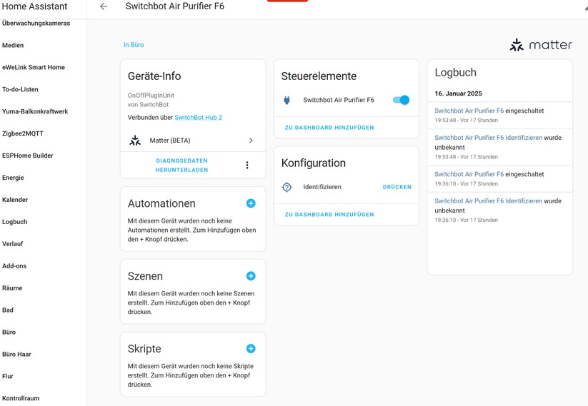 Switchbot Luftreiniger F6: Eine Integration in Home Assistant ist über Matter und einem Switchbot-Hub möglich. Allerdings kann man das Gerät lediglich ein- und ausschalten. Später soll der Luftreiniger direkt Matter unterstützen. 