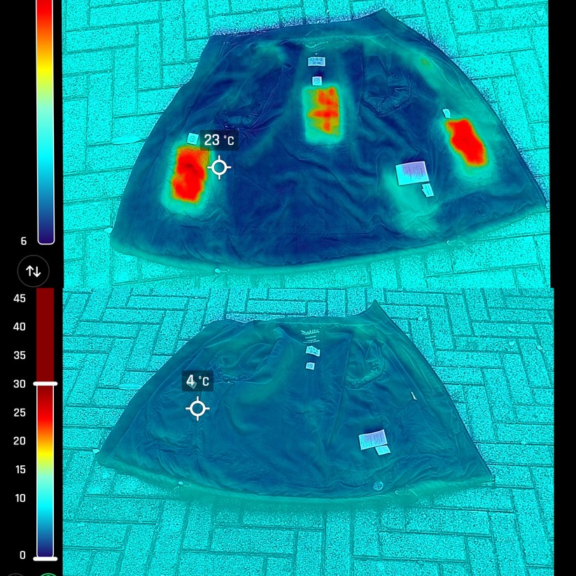 Die auf dem Vergleichsfoto gemessene Temperatur von rund 23 Grad täuscht – wird die Jacke getragen und liegt nicht offen auf dem kalten Boden, kommen höhere Temperaturen zustande. 