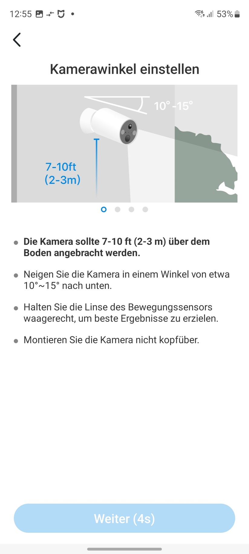 TP-Link C425: Das Set-up der Überwachungskamera erfolgt mit der Tapo-App, für die allerdings ein Konto erforderlich ist. Die App informiert dabei nicht nur die Funktionen der C425, sondern gibt auch Tipps zum Aufstellort.